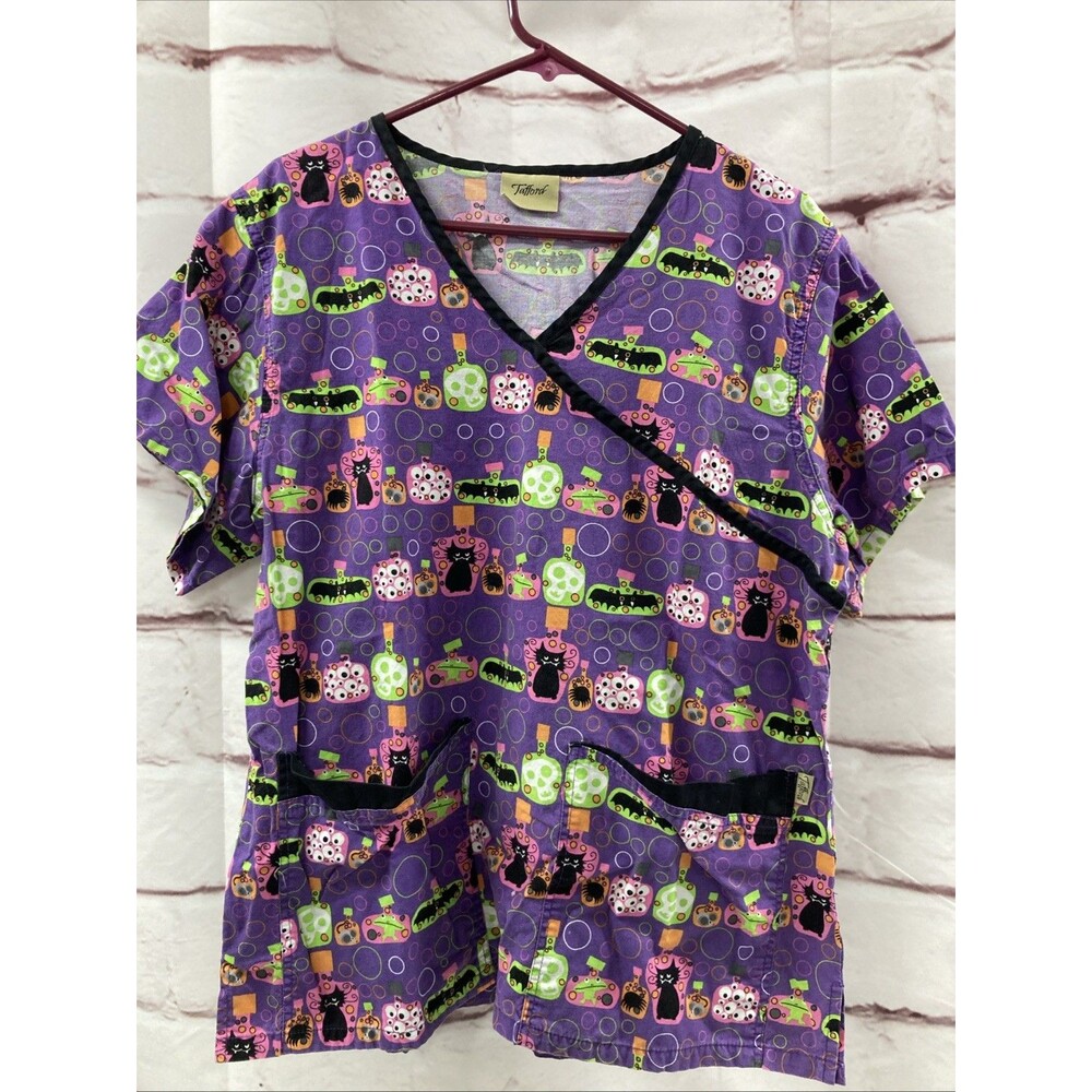 Tafford Womens Halloween Scrub Top Black Cat Skull Bat Mock Wrap Purple Medium
